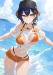  1girl absurdres belle_(summer_skies)_(zenless_zone_zero) belle_(zenless_zone_zero) bikini black_hat blue_eyes blue_hair blue_sky blush breasts cloud commentary_request day flower green_eyes hat highres horizon large_breasts looking_at_viewer motion_blur navel ocean official_alternate_costume open_mouth orange_bikini orange_shorts shirt short_twintails shorts sky solo splashing stomach swimsuit twintails wading water weimiaw wet wet_clothes wet_shirt white_shirt zenless_zone_zero 
