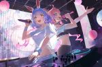  2girls :d absurdres animal_ear_fluff animal_ears balloon blue_eyes blue_hair crop_top green_nails highres holding holding_microphone hololive hololive_dev_is indoors kikirara_vivi long_hair medium_hair microphone mixing_console multiple_girls pink_hair rabbit_ears rasa_k red_eyes side-tie_peek smile usada_pekora very_long_hair virtual_youtuber 
