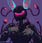 ambiguous_gender anthro blue_body blue_fur bodysuit breath clothing ear_piercing ear_ring eeveelution fur gas_mask generation_6_pokemon hand_on_chest inner_ear_fluff latex latex_bodysuit latex_clothing latex_skinsuit mask nintendo piercing pink_inner_ear_fluff pink_visor pokemon pokemon_(species) purple_background ring_piercing simple_background sinisterheaven skinsuit solo sylveon tight_clothing tuft wire