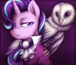  2018 avian beak bird blue_eyes bust_portrait clothed clothing duo equine eyelashes feathered_wings feathers female feral friendship_is_magic frown hair half-closed_eyes horn jadekettu long_hair looking_at_viewer mammal multicolored_hair my_little_pony owl portrait purple_background purple_hair simple_background starlight_glimmer_(mlp) talons two_tone_hair unicorn white_feathers wings 