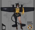  1girl absurdres aircraft airplane animal_ear_fluff animal_ears artist_name asymmetrical_legwear black_hair blue_pants blueprint_(object) blueprint_background bomber_jacket boots brown_boots brown_jacket cat_ears cat_tail commentary cowboy_boots dark-skinned_female dark_skin english_text first_aid_kit full_body hand_on_own_hip highres holding jacket life_vest long_sleeves looking_at_viewer mecha_musume mechanical_wings military military_vehicle original pants patch pby_catalina personification propeller scarf short_hair shoulder_patch smile solo tail twitter_username unit_patch vehicle_and_personification white_scarf wings yellow_eyes zerofid 