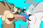 anthro antlers ball_tuft balls barazoku big_muscles big_pecs black_hair blue_penis body_hair brown_body brown_fur deer duo facial_hair fangs felid foreskin frenum_ladder frenum_piercing frottage fur genital_piercing genitals glans goatee grey_body grey_fur hair happy_trail hi_res horn humanoid_genitalia humanoid_penis interspecies ladder_piercing low-angle_view male male/male mammal muscular muscular_anthro muscular_male nipples nude nude_male pecs penile penis penis_piercing penises_touching piercing prehistoric_species prince_albert_piercing saber-toothed_tiger sex sinningfox smilodon smilodon_fatalis teeth tuft worm&#039;s-eye_view