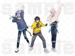  3boys :d alternate_costume antenna_hair aqua_belt aqua_hair arm_up belt belt_buckle black_choker black_gloves black_hair black_ribbon black_shirt black_shoes black_undershirt blonde_hair blue_eyes blue_pants blue_shirt buckle choker copyright_notice crew_neck crossed_bangs curtained_hair denim drawstring earrings full_body gloves hair_between_eyes hair_over_one_eye hair_ribbon highres hitodama holding holding_microphone holostars hood hood_down hoodie jeans jewelry legs_apart legs_together lineup long_hair long_sleeves looking_at_viewer low-tied_long_hair male_focus medium_hair microphone minase_rio multicolored_hair multiple_boys music naruta_iyo official_art open_mouth pants pink_hair pink_shoes print_hoodie print_shirt purple_hair ribbon sample_watermark shirt shoes short_hair singing smile sneakers sparkle_print standing standing_on_one_leg streaked_hair sweat thigh_strap torn_clothes torn_jeans torn_pants uproar_(holostars) utsugi_uyu virtual_youtuber waist_ribbon watermark watermark_grid white_background white_belt white_hair white_shirt white_shoes yatogami_fuma yellow_belt yellow_eyes yellow_hoodie 