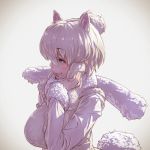  alpaca_ears alpaca_suri_(kemono_friends) alpaca_tail animal_ear_fluff animal_ears backlighting bangs blonde_hair blue_eyes breasts closed_mouth commentary_request extra_ears eyebrows_visible_through_hair from_side fur-trimmed_sleeves fur_scarf fur_trim hair_over_one_eye half-closed_eye hand_up highres horizontal_pupils kemono_friends large_breasts lips long_sleeves looking_afar medium_hair platinum_blonde_hair profile realistic scarf shirt smile solo sweater_vest tail takami_masahiro upper_body 