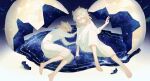  2boys albedo_(genshin_impact) aqua_eyes barefoot blonde_hair clone closed_mouth commentary eggshell feet genshin_impact gradient_background hair_between_eyes highres long_sleeves looking_at_viewer lying male_focus march_rly medium_hair multiple_boys on_side parted_bangs parted_lips primordial_albedo robe scar scar_on_neck sitting space star_(sky) symbol-only_commentary toes white_background white_robe 