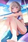  1girl :o absurdres ass beach beach_towel beach_umbrella bikini blonde_hair blue_sky blush breasts cloud commentary day frills highres hololive hololive_dev_is knees_up looking_at_viewer multicolored_hair ocean outdoors parted_lips purple_eyes purple_hair sandals short_hair sitting sky small_breasts solo swim_ring swimsuit t4n4k4_no_yosei thighs todoroki_hajime towel two-tone_hair two_side_up umbrella unworn_sandals virtual_youtuber white_bikini 