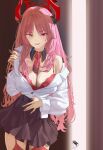 1boy 1girl absurdres blue_archive bra breasts doodle_sensei_(blue_archive) halo highres horns large_breasts mole mole_on_breast multicolored_horns necktie pink_hair red_bra red_garter_straps red_halo red_horns red_necktie red_thighhighs satsuki_(blue_archive) sensei_(blue_archive) thighhighs two-tone_horns underwear yoco0917 