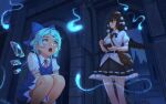  2girls :o aqua_eyes aqua_hair bag black_bow black_bowtie black_hair black_skirt black_wings blue_bow blue_dress blue_eyes book bow bowtie cirno closed_mouth collared_shirt commentary_request detached_wings dress hair_bow hat highres hitodama holding holding_book holding_pen ice ice_wings multiple_girls open_mouth outdoors pen pinafore_dress pointy_ears pom_pom_(clothes) puffy_short_sleeves puffy_sleeves red_eyes red_hat red_ribbon ribbon ribbon-trimmed_skirt ribbon_trim roke_(taikodon) shameimaru_aya shirt short_hair short_sleeves shoulder_bag skirt sleeveless sleeveless_dress squatting standing tokin_hat touhou white_shirt wings 
