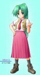  1girl ankle_boots black_socks boots breasts character_name closed_mouth collared_shirt commentary_request curtained_hair full_body green_background green_eyes green_hair grey_boots halftone halftone_background hand_on_own_hip higurashi_no_naku_koro_ni light_smile long_hair long_skirt necktie open_clothes open_vest pink_skirt pleated_skirt ponytail red_necktie school_uniform shion_faru shirt shirt_tucked_in short_sleeves skirt socks solo sonozaki_mion standing vest white_shirt yellow_vest 