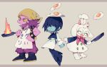  1boy 1girl 1other animal_ears armlet bandana blue_hair blue_skin colored_sclera colored_skin colored_teeth deltarune egg_(food) fire food fried_egg frying_pan furry furry_male glasses goat_boy goat_ears green-framed_eyewear highres holding holding_frying_pan horns jewelry kris_(cooking_show)_(deltarune) kris_(dark_world)_(deltarune) kris_(deltarune) nikorashi-ka pink_bandana pink_horns pink_skin purple_hair ralsei_(cooking_show) reptile_girl spiked_armlet susie_(cooking_show)_(deltarune) susie_(dark_world)_(deltarune) susie_(deltarune) white_fur yellow_sclera yellow_teeth 