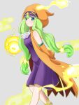  1girl absurdres arms_behind_back ascot breasts coat commentary_request cowboy_shot detached_sleeves dress green_hair grey_background hair_ornament highres hood hood_up hooded_coat irene_(puyopuyo) leaning_forward long_hair magic medium_breasts motimoti_mgmg orange_coat orange_sleeves purple_dress puyopuyo puyopuyo_quest sleeveless sleeveless_coat solo standing star_(symbol) star_hair_ornament white_ascot 