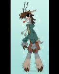 anthro antlers barefoot big_eyes black_border blue_background border bottomwear clothing deer digital_media_(artwork) feet female fur grey_body grey_fur hi_res hoodie horn mammal new_world_deer pom_poms red_nose reindeer shockpine simple_background skirt solo standing topwear