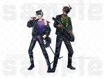  2boys alternate_costume animal_ears animal_print aragami_oga belt belt_buckle black_belt black_hair black_jacket black_pants black_shirt black_shoes buckle collarbone copyright_notice crew_neck dark-skinned_male dark_skin demon_horns dog_tags earrings eyepatch fangs fingernails full_body green_eyes green_scarf grin hair_between_eyes highres holding holding_instrument holding_microphone holding_microphone_stand holding_plectrum holostars horns instrument jackal_boy jackal_ears jackal_tail jacket jewelry kageyama_shien leather leather_jacket leather_pants looking_at_viewer mafia_(holostars) male_focus microphone microphone_stand multicolored_hair multiple_boys music naruta_iyo official_art open_clothes open_jacket open_mouth oxfords pants pendant playing_guitar playing_instrument plectrum purple_tank_top sample_watermark scarf sharp_fingernails sharp_teeth shirt shoes short_hair side-by-side singing single_bare_shoulder single_horn single_off_shoulder smile standing sweat swept_bangs tail tank_top teeth tiger_print toned toned_male two-tone_hair virtual_youtuber wallet_chain watermark watermark_grid white_background white_hair yellow_eyes 