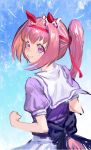  1girl animal_ears back_bow bow ear_bow haru_urara_(umamusume) highres horse_ears horse_girl horse_tail inishie_kumo looking_back notice_lines pink_eyes pink_hair ponytail purple_sailor_collar purple_serafuku purple_shirt sailor_collar sailor_shirt school_uniform serafuku shirt simple_background smile solo tail tracen_school_uniform umamusume upper_body 