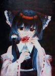  1girl ascot bare_shoulders black_hair bob_cut bow commentary dark dark_background detached_sleeves expressionless flower frilled_hair_tubes frills hair_bow hair_tubes hakurei_reimu highres holding holding_flower long_hair long_sidelocks looking_at_viewer muted_color oil_painting_(medium) painting_(medium) red_bow red_eyes shirt sidelocks signature solo spider_lily touhou traditional_media white_shirt yuuren_kyouko 