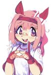  1girl :d animal_ears bandaid bandaid_on_face bandaid_on_nose ben-day_dots blush bow english_commentary facing_viewer fingerless_gloves gloves hair_bow hair_intakes hairband hands_up haru_urara_(umamusume) horse_ears horse_girl index_fingers_together jacket long_hair long_sleeves looking_to_the_side nessiemooo open_clothes open_jacket pink_eyes pink_hair raised_eyebrows red_gloves red_hairband screentones shirt sidelocks simple_background sleeves_rolled_up smile solo tareme teeth umamusume upper_body upper_teeth_only wavy_hair white_background white_bow white_jacket white_shirt 