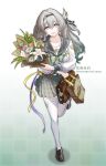  1girl absurdres bag black_shoes bow collarbone firefly_(honkai:_star_rail) firefly_(spring_missive)_(honkai:_star_rail) full_body graduation green_bow grey_hair grey_skirt hair_between_eyes hair_intakes hair_ornament hairband highres holding holding_bag honkai:_star_rail honkai_(series) long_hair long_sleeves looking_at_viewer norstaruniverse official_alternate_costume open_mouth pink_eyes plaid_bow plaid_clothes plaid_skirt school_bag shirt shoes simple_background skirt smile solo standing standing_on_one_leg thighhighs white_background white_shirt white_thighhighs 