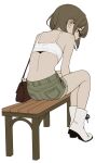  1girl ass back bag bench boots brown_hair camisole crop_top full_body grey_eyes handbag highres jewelry kingrun looking_to_the_side necklace original short_hair short_shorts shorts simple_background sitting solo white_background 