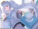  1girl artist_request azur_lane bag bare_shoulders black_skirt blue_bag dmitri_donskoi_(azur_lane) fang floating_hair from_behind highres holding holding_bag long_hair long_sleeves looking_at_viewer off_shoulder official_art open_mouth outdoors pantyhose second-party_source shopping_bag skirt smile solo twintails very_long_hair white_bag white_pantyhose wide_sleeves world_of_warships 