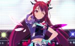  1girl animal_ears asymmetrical_sleeves asymmetrical_wings bloom_(irys) blue_bow blush bow breasts buttons detached_wings double-breasted extra_ears foreshortening frilled_sleeves frills gloom_(irys) grin hand_on_own_hip highres hololive hololive_english hololive_idol_uniform_(bright) horns horse_ears idol idol_clothes irys_(hololive) long_hair looking_at_viewer medium_breasts midriff mismatched_wings navel official_alternate_costume one_eye_closed pako_(pakosun) pointing pointing_at_viewer pointy_ears purple_eyes red_bow red_hair shirt smile solo stage_lights standing upper_body very_long_hair virtual_youtuber white_bow white_shirt wings 
