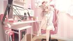  1girl absurdres animal_ears babupipi bare_legs barefoot between_legs blonde_hair bluedok_(o-ni) bow brown_eyes cat_ears cat_girl cat_tail chair closed_mouth collared_shirt commentary_request computer computer_keyboard computer_mouse dress_shirt gaming_chair hair_bow hand_between_legs headphones highres indie_virtual_youtuber indoors knee_up korean_commentary long_hair long_sleeves looking_at_viewer microphone monitor pink_theme ponytail shirt sitting smile solo studio_microphone swivel_chair tail thighs virtual_youtuber white_shirt 