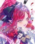 1girl baobhan_sith_(exhibition_attire)_(fate) baobhan_sith_(fate) baobhan_sith_(swimsuit_pretender)_(third_ascension)_(fate) blush breasts dress emoillu fang fate/grand_order fate_(series) flower grey_eyes hair_ribbon highres large_breasts long_hair looking_at_viewer open_mouth pink_hair pointy_ears red_dress red_flower ribbon side_ponytail skin_fang smile solo 