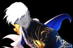 1boy black_background blue_eyes colored_skin dark-skinned_male dark_skin earrings fate/grand_order fate_(series) grey_skin highres hominya510 indra_(fate) jewelry lightning_bolt_facial_mark looking_at_viewer male_focus shirt short_hair simple_background smile solo upper_body white_hair 
