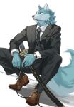 anthro athletic athletic_anthro athletic_male biped black_bottomwear black_clothing black_legwear black_necktie black_nose black_pants black_stockings black_suit blazer blue_body blue_eyes blue_fur bottomwear brand_new_animal brown_clothing brown_footwear brown_shoes button_(fastener) canid canine canis cheek_tuft clock clothed clothing crouching dxmdwq764027 facial_tuft footwear formal_wear fur hi_res holding_object holding_weapon katana legwear long_pants looking_aside male mammal melee_weapon multicolored_body multicolored_fur muscular muscular_male necktie pants pattern_necktie shirou_ogami shirt shoelaces shoes simple_background sleeveless_jacket solo stockings striped_necktie studio_trigger suit suit_jacket sword tail tie_clip topwear tuft two_tone_body two_tone_fur watch weapon white_body white_clothing white_fur white_shirt white_topwear wolf