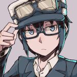  1girl :/ bespectacled black-framed_eyewear black_hair closed_mouth collared_shirt commentary_request fur_hat glasses goggles goggles_on_headwear grey_background grey_eyes grey_jacket hand_on_headwear hat highres jacket kino_(kino_no_tabi) kino_no_tabi kokuya_(kokuya28) looking_at_viewer peaked_cap shirt simple_background solo upper_body v-shaped_eyebrows white_hat white_shirt 