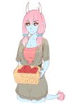 1girl black_sclera blue_scrunchie blue_skin box breasts burunpuku collarbone colored_sclera colored_skin cowboy_shot dress green_dress highres holding holding_box horns low_twintails medium_breasts original pink_hair red_shirt scrunchie shirt tail twintails yellow_eyes 