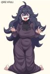  1girl @_@ ahoge alternate_breast_size barefoot black_hair breasts commentary curly_hair dress grey_eyes hair_between_eyes hairband hands_up hex_maniac_(pokemon) highres kneeling long_hair long_sleeves looking_at_viewer nail_polish open_mouth pokemon pokemon_xy purple_hairband purple_nails reviruu saliva solo tongue tongue_out twitter_username 