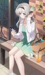  1girl absurdres bag bench black_hairband black_ribbon blush brown_bag buttons cellphone closed_mouth closed_umbrella collared_shirt cup disposable_cup dress drinking_straw firefly_(honkai:_star_rail) gradient_hair green_dress green_pupils grey_hair hair_between_eyes hair_intakes hair_ornament hair_ribbon hairband hand_in_own_hair handbag highres holding holding_phone honkai:_star_rail honkai_(series) long_sleeves manjirou_(manji_illust) multicolored_hair on_bench open_clothes open_shirt phone ribbon ribbon-trimmed_dress ribbon_trim shirt sitting sitting_on_object smartphone solo sparkle_(doll)_(honkai:_star_rail) sweatdrop umbrella wallet white_sleeves window wooden_bench 