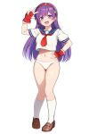  1girl asamiya_athena blue_sailor_collar breasts brown_shoes commission cropped_shirt fingerless_gloves full_body gloves hair_ornament hairband hand_on_own_hip highres kneehighs large_breasts long_hair looking_at_viewer navel neckerchief no_pants open_mouth panties puffy_short_sleeves puffy_sleeves purple_eyes purple_hair red_gloves red_hairband red_neckerchief sailor_collar sailor_shirt shirt shoes short_sleeves simple_background skeb_commission socks solo star_(symbol) star_hair_ornament teeth the_king_of_fighters underwear upper_teeth_only w white_background white_panties white_shirt white_socks yotubeya 