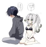  1boy 1girl aged_up alternate_breast_size alternate_costume arms_at_sides asymmetrical_sidelocks bare_shoulders barefoot black_bra black_hair black_panties blunt_ends blush bra breasts casual cleavage collarbone colored_tips contemporary cross-shaped_pupils eyelashes facing_to_the_side full_body genshin_impact gradient_hair green_eyes green_hair green_pupils grey_hood grey_hoodie grey_sleeves hair_between_eyes hair_ornament hands_on_own_thighs highleg highleg_panties highres hirarinoie hood hood_down hoodie large_breasts leaf leaf_hair_ornament long_hair long_sleeves looking_at_another midriff multicolored_hair nahida_(genshin_impact) navel open_mouth panties pants pointy_ears scaramouche_(genshin_impact) side_ponytail sidelocks sitting sketch speech_bubble sweat symbol-shaped_pupils tareme translation_request underwear wariza white_background white_hair white_pants 