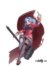  absurdres blue_eyes blue_hair dress elsie_(mabinogi) flag frilled_thighhighs frills hammer highres holding holding_hammer mabinogi milk_carton pink_dress shuwei_(world2012102) thighhighs 