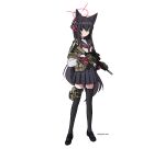  1girl ammunition_pouch animal_ear_fluff animal_ears armband assault_rifle black_hair black_shoes black_thighhighs blue_archive blue_sailor_collar blue_skirt closed_mouth fox_ears fox_girl green_armband gun halo headphones highres holding holding_gun holding_weapon implied_extra_ears neckerchief otogichan_hshs pouch red_eyes red_halo red_neckerchief rifle sailor_collar shoes skirt solo thighhighs weapon yukino_(blue_archive) 