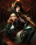  1girl artist_name bare_shoulders black_dress black_gloves black_hair black_thighhighs blood blood_on_clothes blood_on_weapon breasts commentary dagger dress earrings english_commentary flower gloves gold_earrings gold_hairband hair_flower hair_ornament hairband highres holding holding_knife holding_weapon jewelry knife long_hair looking_at_viewer red_eyes sebijy sidelocks solo spy_x_family stiletto_(weapon) thighhighs two-sided_dress two-sided_fabric weapon yor_briar 