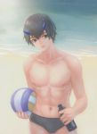  ball bangs black_hair blue_eyes blue_horns bottle collarbone commentary darling_in_the_franxx highres hiro_(darling_in_the_franxx) holding holding_ball holding_bottle horns male_focus male_swimwear navel ocean oni_horns sand shirtless solo spoilers swim_briefs swimwear water wiidstep 