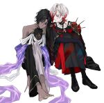  2boys arjuna_(fgo_fes._2025)_(fate) barefoot black_eyes black_hair blue_eyes brothers dark-skinned_male dark_skin earrings eyeshadow eyeshadow_under_eye fate/grand_order fate_(series) full_body gradient_hair hair_ornament halter_shirt halterneck hoop_earrings jewelry karna_(fgo_fes._2025)_(fate) makeup male_focus medium_hair multicolored_hair multiple_boys multiple_earrings necklace ngg_n pale_skin pants parted_bangs red_eyeshadow red_hair shawl siblings side-by-side simple_background sitting sleeveless wavy_hair white_background white_hair 