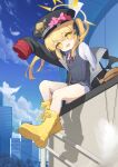  1girl absurdres biluoyao black_coat black_dress black_hat black_ribbon black_wings blonde_hair bloomers blue_archive blue_sky blush boots bow child coat demon_girl demon_wings dress flat_chest halo hat hat_bow highres ibuki_(blue_archive) long_sleeves looking_at_viewer military_hat neck_ribbon open_mouth outdoors peaked_cap pinafore_dress pink_bow red_ribbon ribbon rubber_boots shirt short_dress side_ponytail sitting sky sleeveless sleeveless_dress sleeves_past_fingers sleeves_past_wrists solo white_bloomers white_shirt wings yellow_boots yellow_eyes yellow_halo 