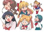  6+girls ^_^ aino_minako bishoujo_senshi_sailor_moon black_hair blue_hairband blue_sailor_collar blue_skirt bow bowtie brown_hair chibi circlet closed_eyes double_bun elbow_gloves gloves hair_bow hair_bun hairband high_ponytail hino_rei holding_ofuda japanese_clothes juuban_middle_school_uniform kino_makoto long_hair magical_girl miko mizuno_ami multiple_girls ofuda open_mouth outstretched_arms ponytail red_bow red_bowtie sailor_collar sailor_moon sailor_senshi sailor_senshi_uniform school_uniform serafuku shirt short_hair signature simple_background skirt smile spread_arms tsubobot tsukino_usagi twintails upper_body white_background white_gloves white_shirt 