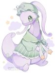  closed_mouth commentary full_body goodra green_eyes green_hat green_shirt hat highres iwasi_29 mob_cap no_humans pokemon pokemon_(creature) shirt simple_background smile solo striped_clothes striped_shirt symbol-only_commentary twitter_username watermark white_background 