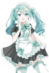  1girl alternate_costume alternate_hairstyle apron aqua_bow aqua_eyes aqua_hair blush bow breasts clothes_lift commentary dress dress_lift earrings frilled_apron frilled_dress frilled_thigh_strap frilled_thighhighs frills hair_between_eyes hair_ornament hatsune_miku highres index_finger_raised jewelry long_hair maid maid_apron medium_breasts open_mouth photo_(object) puffy_short_sleeves puffy_sleeves short_sleeves simple_background siquartz22 solo thigh_strap thighhighs twintails vocaloid white_apron white_background white_thighhighs 