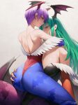  2025 2girls animal_print ass backless_leotard bare_shoulders bat_print bat_wings black_leotard blue_pantyhose breasts closed_mouth commentary darkstalkers demon_girl feather-trimmed_leotard grabbing_another&#039;s_ass green_eyes green_hair groping head_wings hichi highleg highleg_leotard highres large_breasts leotard lilith_(darkstalkers) long_hair looking_at_viewer low_wings median_furrow morrigan_aensland multiple_girls off-shoulder_leotard pantyhose print_pantyhose profile purple_hair purple_pantyhose red_eyes red_leotard short_hair shoulder_blades sideways_glance signature simple_background sitting sitting_on_person smile thong_leotard very_long_hair white_background wings yuri 