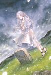  1girl 9484gu anklet bare_shoulders black_sandals chinese_commentary closed_eyes closed_mouth cloud cloudy_sky collarbone commentary_request dress elf english_commentary falling_petals flower frieren full_body grass grey_hair grey_sky highres holding holding_flower jewelry landscape long_hair mixed-language_commentary mourning parted_bangs petals plantar_flexion pointy_ears sandals scenery sky solo sousou_no_frieren standing strapless strapless_dress tombstone traditional_media white_dress white_flower 