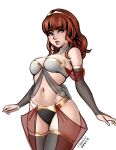  1girl absurdres alternate_costume black_panties black_thighhighs bra breasts celica_(fire_emblem) choker dancer earrings elbow_gloves fingerless_gloves fire_emblem fire_emblem_echoes:_shadows_of_valentia gloves highres jackary jewelry long_hair medium_breasts navel navel_piercing orange_eyes orange_hair panties parted_lips piercing red_eyes red_hair skindentation solo stomach thick_thighs thighhighs thighs tiara underwear wide_hips 