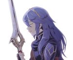  armor blue_hair cape closed_eyes crying falchion_(fire_emblem) fingerless_gloves fire_emblem fire_emblem:_kakusei gloves long_hair lucina sayoyonsayoyo simple_background solo sword tears tiara weapon white_background 