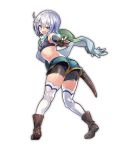  ass belt bike_shorts black_gloves blush breasts chris_(konosuba) from_behind full_body gloves kono_subarashii_sekai_ni_shukufuku_wo! looking_at_viewer looking_back navel open_mouth purple_eyes scar scarf short_hair shorts silver_hair small_breasts solo standing transparent_background 