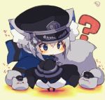  &gt;_&lt; :3 ? animal animal_ear_fluff animal_ears bangs black_hat black_jacket black_legwear blue_eyes blush blush_stickers cat cat_ears cat_girl cat_tail chain chibi closed_eyes closed_mouth full_body hair_between_eyes hands_up hat heart jacket long_sleeves military_hat military_jacket mole mole_under_eye muuran original pants pantyhose peaked_cap puffy_pants short_hair sidelocks signature silver_hair sleeves_past_fingers sleeves_past_wrists solo standing star tail translation_request white_pants wide_sleeves yellow_background 