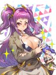  1girl black_bra black_thighhighs blue_hair blush bra breasts brown_jacket camouflage cleavage closed_eyes collarbone detached_sleeves djinnia_(last_origin) green_leotard hair_ornament highres imitating jacket large_breasts last_origin leotard long_hair looking_at_viewer pixiv_id purple_hair shiny_skin shirt signature smile sparkle sylphid_(last_origin) thighhighs triangle_background twintails twitter_username two_side_up umigarasu_(kitsune1963) underwear v-shaped_eyebrows very_long_hair w white_shirt 
